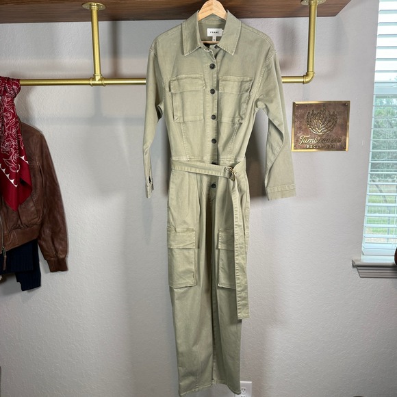FRAME Pants - FRAME Washed Olive Green Utility Cargo Belted Jumpsuit BJMP999‎ Womens XS